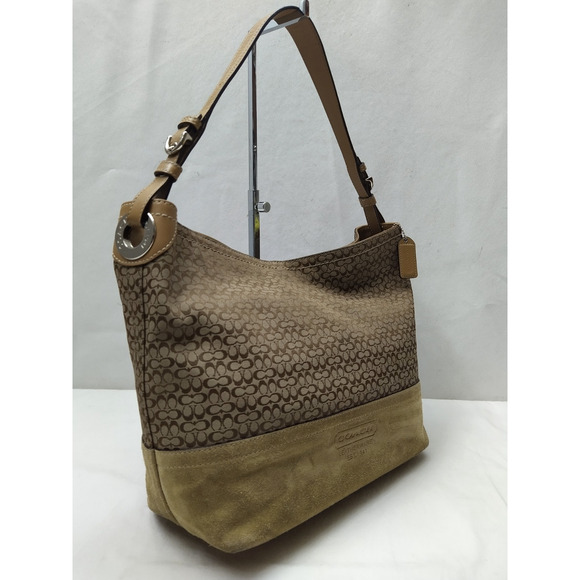 Coach Signature Brown Canvas Suede Hobo Shoulder Bag - Picture 3 of 16